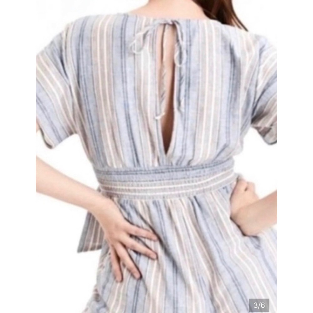 American‎ Eagle Striped Linen Blend Romper Blue White Tie Waist V-Neck Small - Picture 2 of 6